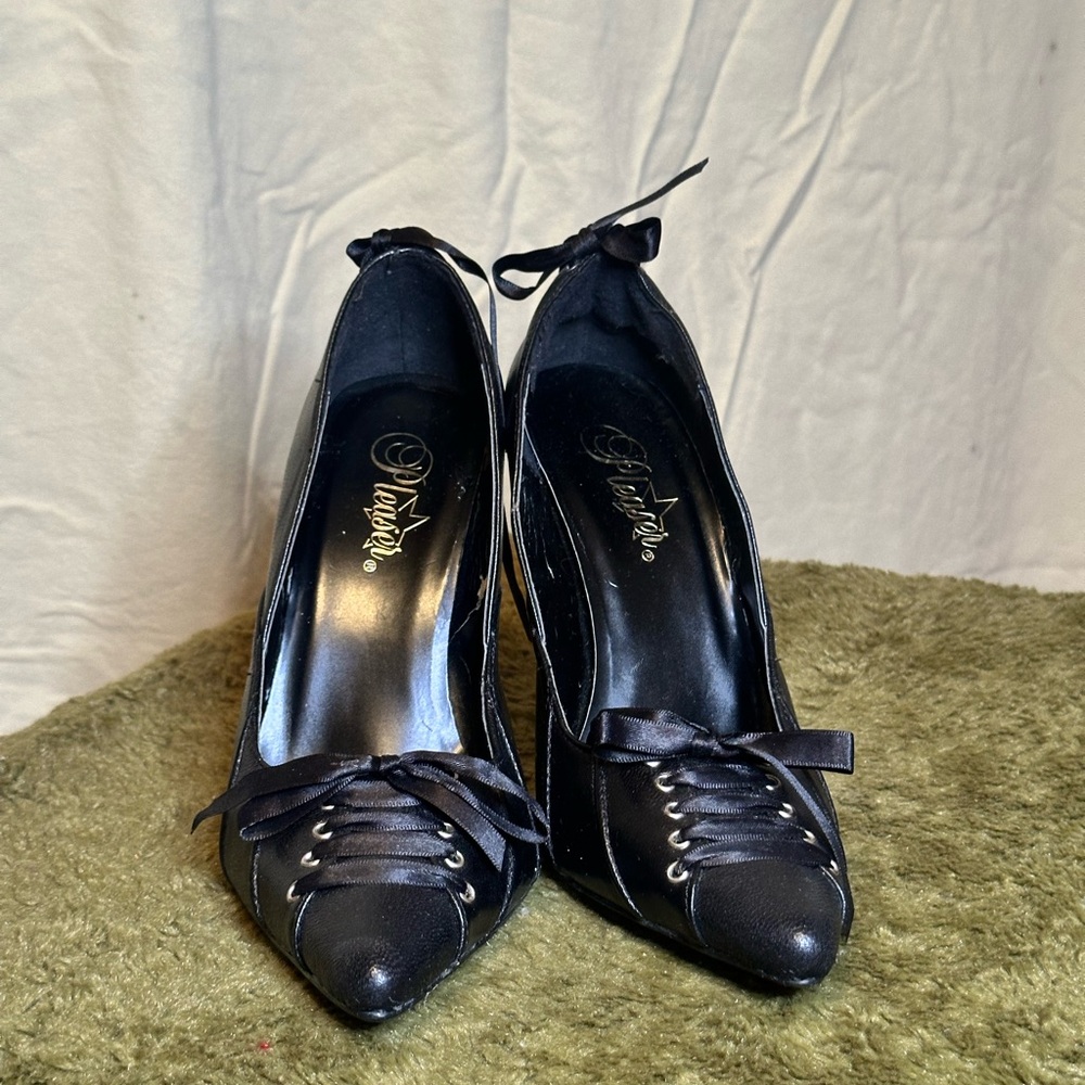 Black Pleaser Laced Up Pointed Toe Heels